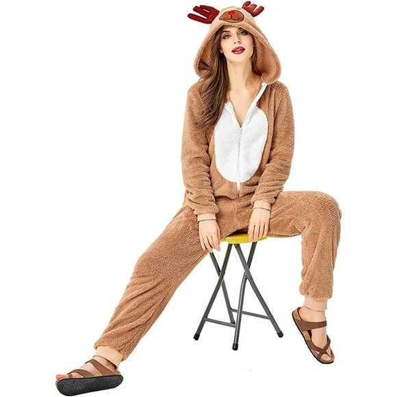 Reindeer Women Pajamas Fleece Christmas Costumes Onesie Party Jumpsuit Suit XL - Picture 2 of 6